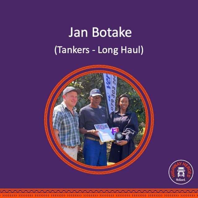 Jan Botake, Tankers Long Haul July winner, receiving his Hollard Highway Heroes award
