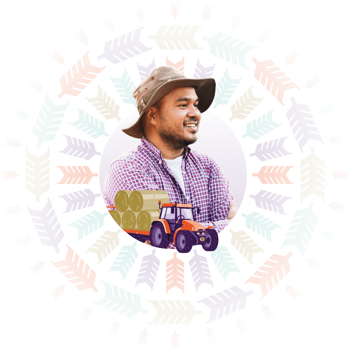 Smiling farmer in a hat with hay bales and tractor illustration, representing Hollard Agriculture Insurance cover