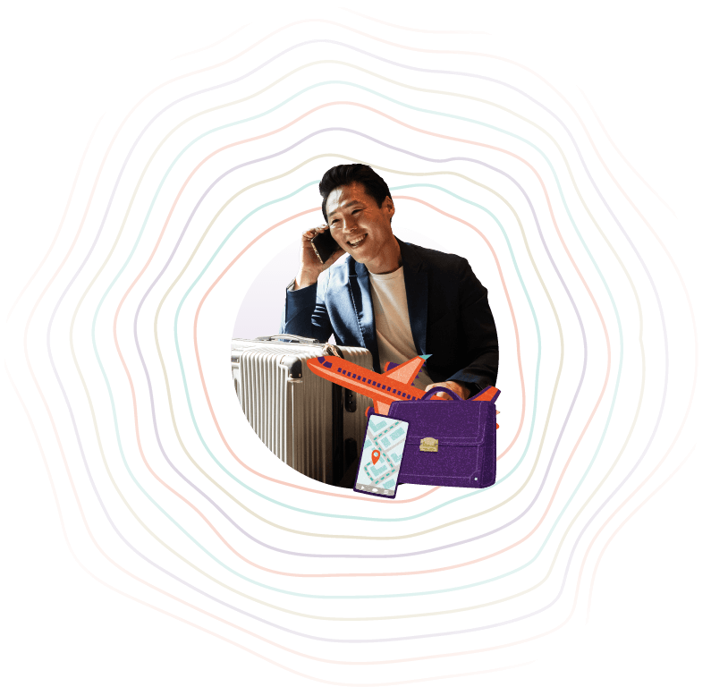 Smiling business traveller with luggage and travel items, representing Hollard Business Travel Insurance