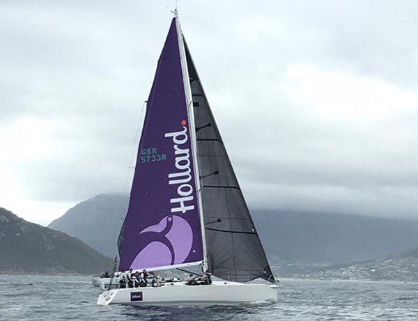 The Hollard Jacana, sailing on a cloudy day with the team onboard.