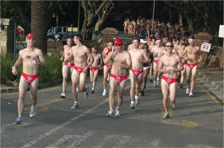The Daredevil Run participants running in speedos.