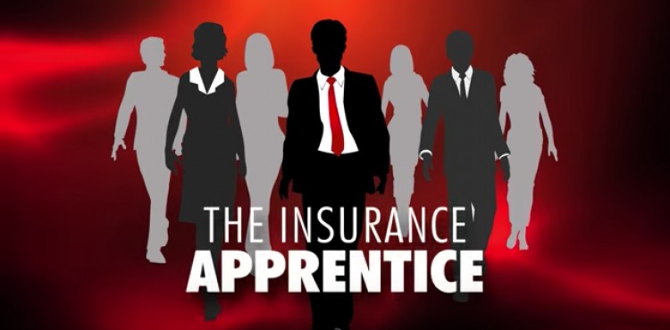 Illustration of professional men and women in suits with written text "The Insurance Apprentice"