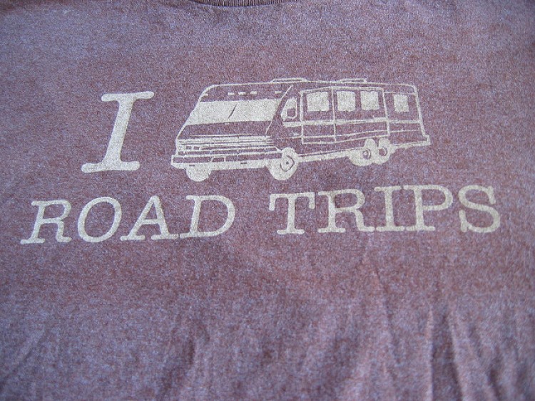 T-shirt with print "I (drawing of a bus) Road Trips"