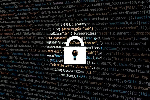 A lock symbol in front of a backdrop of computer code