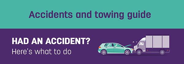 Illustration of a car and truck colliding. Accompanying text reads "Accidents and Towing Guide". "Had an accident? Here's what to do".