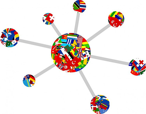 Illustration of a large circle with flags surrounded by small circles with flags