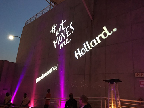 The wall of the venue for the 2016 BASA Event with the Business Day and Hollard Logos displayed in lights.